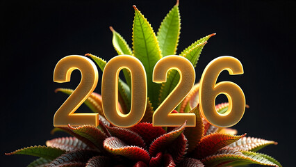 Beige large 3D text, 2026, and decorative plant, on dark background.