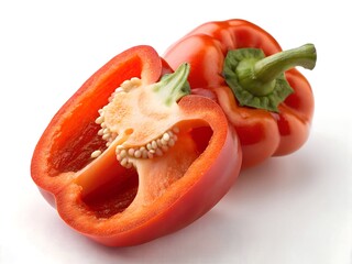 Fresh Red Bell Pepper Whole and Halved Showing Interior with Seeds and White Pith for Food Photography and Culinary Use isolated on white background