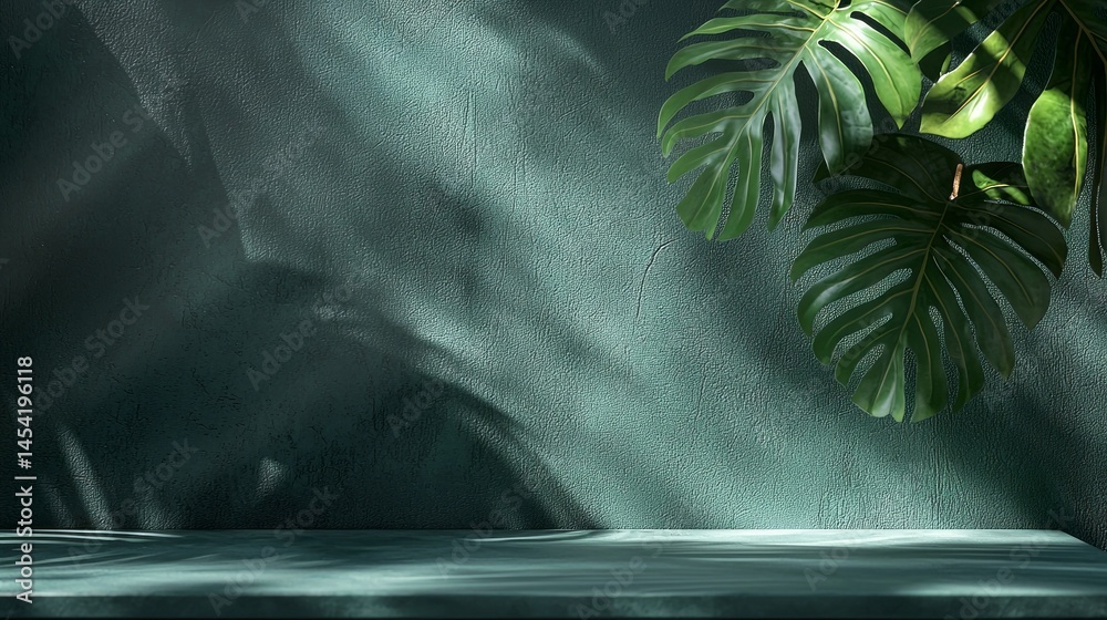Poster Sunlight streams through a window, highlighting a textured green wall. A large monstera leaf adds a touch of nature to the serene atmosphere in the indoor setting