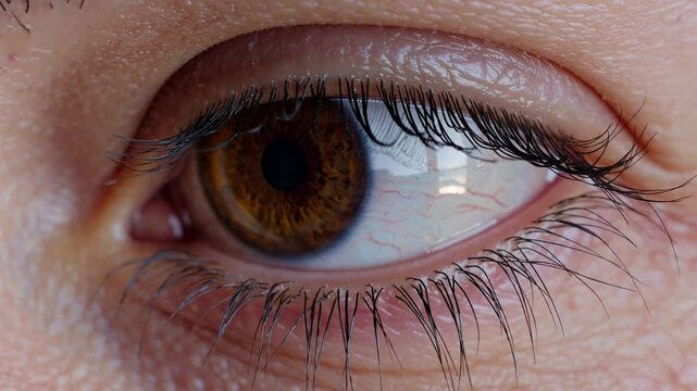 Detailed brown eye showing nuanced movements, capturing subtle emotional shifts through blinking, glancing, and expressive shifts in visual perspective
