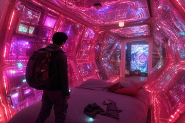 Obraz premium Person gazes at glowing walls in futuristic pink room with bed