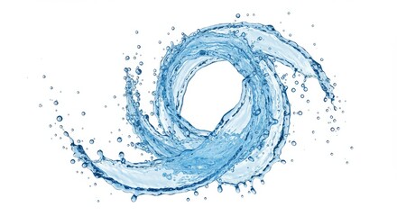 Abstract 3D composition of swirling fresh water streams creating a splash vortex, ultra high-resolution, white background