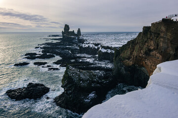 View of Londrangar in winter at Snæfellsnes peninsula (Iceland)