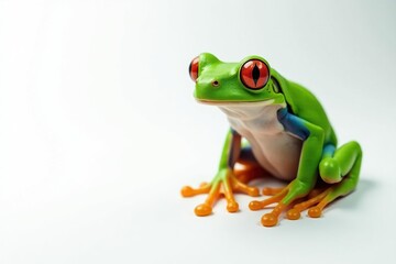 Fototapeta premium Green tree frog perched on white, vibrant skin, white background, nature photography, wildlife photography
