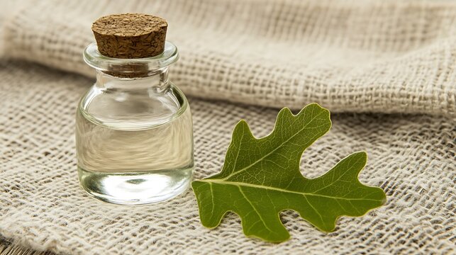 Natural elixir in a vintage bottle alongside a vibrant green leaf display