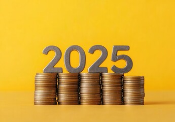 Minimalist - style photo of the text "2025" formed by stacks of coins on a yellow background
