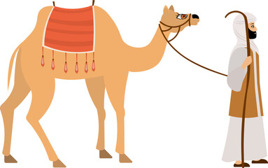 Arab man leading camel on white background. Vector