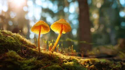 Two golden mushrooms growing on moss in forest with blurred background of pine trees and sunlight