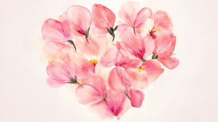 Naklejka premium Watercolor painting of pink flowers arranged in a heart shape on a light background