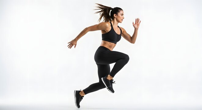 Woman in black sportswear running on a white background with her hair in a ponytail mid air jump
