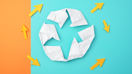 Recycling symbol made of paper on a colorful background with arrows indicating movement.