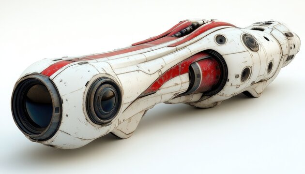 Futuristic, elongated, weapon-like device, with intricate details and a mix of white and red colors.  A sci-fi, mechanical design, perhaps a futuristic railgun or laser cannon