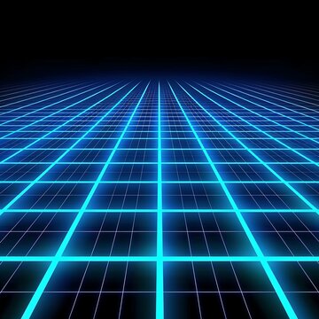 Perspective view into a glowing blue neon laser grid extending towards a dark horizon. Retro-futuristic virtual reality or cyberspace background. 
