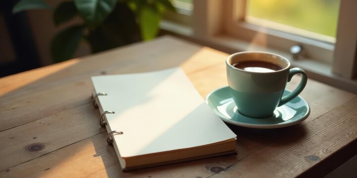 A tranquil morning scene featuring a steaming cup of coffee and an open notebook resting on a rustic wooden table, bathed in warm sunlight filtering through a nearby window.