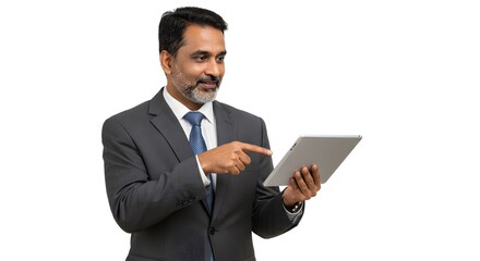 Man in suit pointing at tablet with focused expression against a plain white background in studio shot