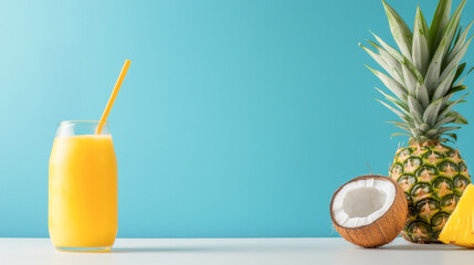 Refreshing tropical drink with pineapple and coconut on a vibrant blue background.
