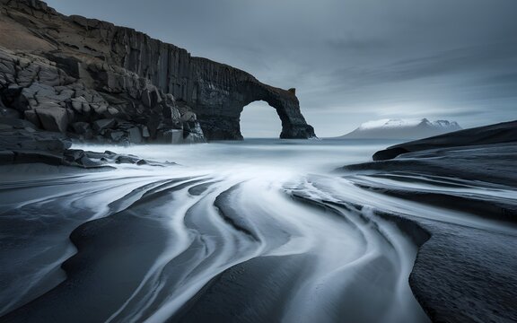 A dramatic landscape photograph of Hellnar arch in Iceland under a gray, lifeless sky. The arch is carved into dark volcanic rock with a pocked, weathered surface. 