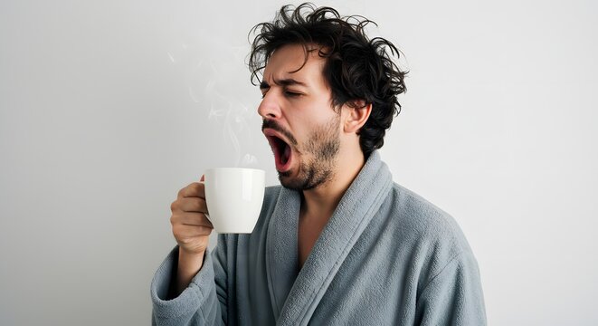 A yawning man in a bathrobe holding a steaming white mug against a plain white background indoors