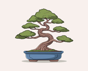 Pixel Art Serene Bonsai Tree in Blue Pot Illustration