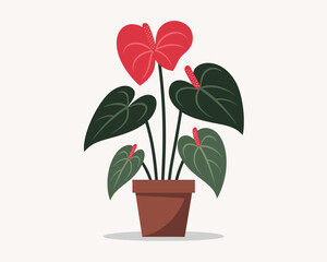 Vibrant Red Anthurium Plant in Brown Pot Illustration