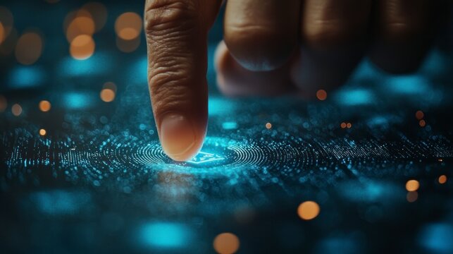 Finger presses glowing digital surface