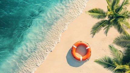 Obraz premium Beach with palm trees and a life preserver on the shore, top view.
