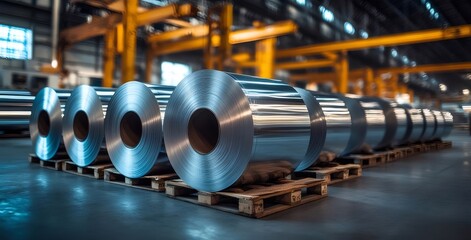 巨大な金属ロールがパレットに並んで配置された工場の内部 シルバーの光沢のある表面が光を反射する産業シーン