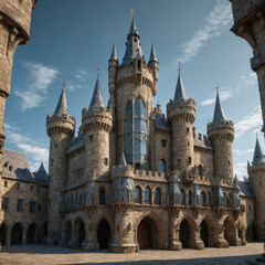 Medieval Castle with Futuristic Glass Towers Surreal Landscape Ancient Stone Fortress Blended with Modern Transparent Skyscrapers Fantasy Hybrid Architecture Unique Structure Combining Historic Castle
