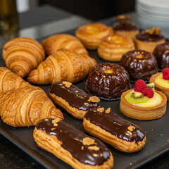 A beautiful pastry display with croissants, eclairs, and tarts, arranged elegantly on a tray. Stock Photography style.
