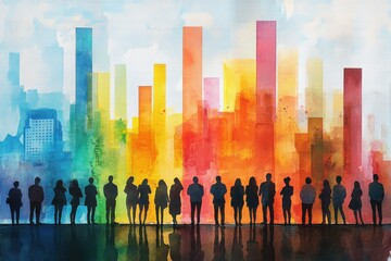 A diverse group of people silhouetted against a vibrant, colorful cityscape with abstract skyscrapers.