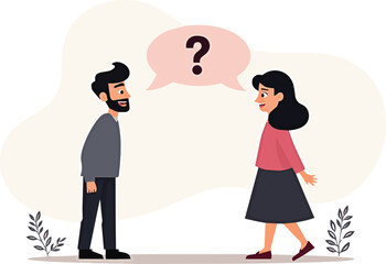 PrintCreate a Heterosexuals' couple thinking about love life, sexuality or relationship problem on isolated background. Modern flat cartoon characters illustration of man and woman with question mark.