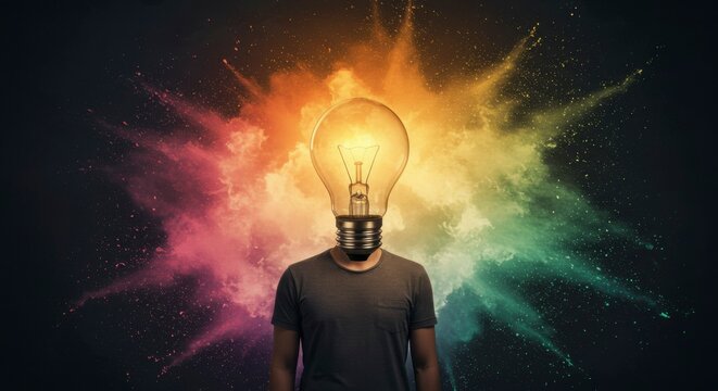 Lightbulb head, colorful explosion