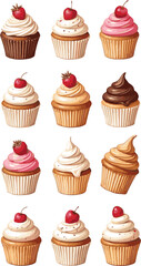 Create a Set of hand drawn vintage sweet dessert food. Cake illustration collection with pastry goods, bakery product clip art bundle. Cupcake element drawing, flat cartoon. vector art with white back