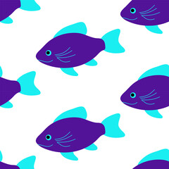 Fototapeta premium Seamless pattern with blue fish on a white background. Flat style. Design for wrapping paper, fabric, wallpaper. Vector illustration.