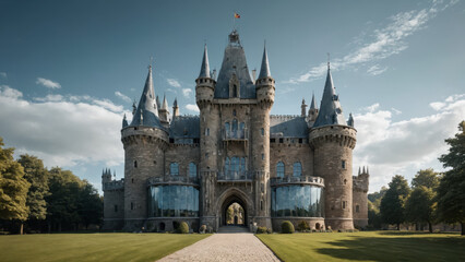 Medieval Castle with Futuristic Glass Towers Surreal Landscape Ancient Stone Fortress Blended with Modern Transparent Skyscrapers Fantasy Hybrid Architecture Unique Structure Combining Historic Castle