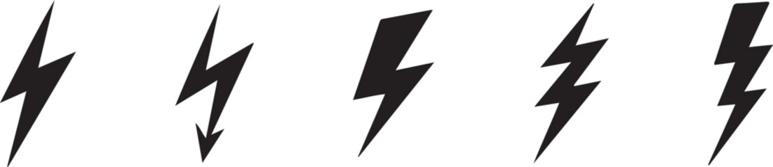 Set of minimalist black lightning bolt vector icons with varied styles, symbolizing energy, power, or electricity