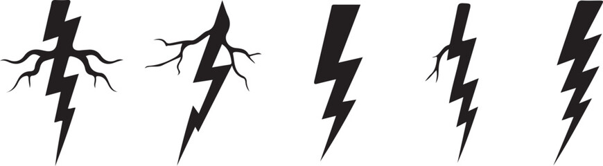 Set of black vector lightning bolt icons with branching designs, symbolizing electricity, energy, or storms. Ideal for weather, technology, or dynamic design projects