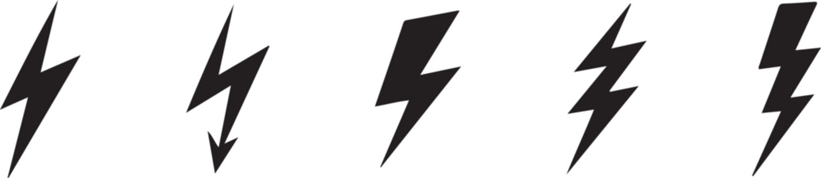 Set of minimalist black lightning bolt vector icons with varied styles, symbolizing energy, power, or electricity