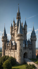 Obraz premium Medieval Castle with Futuristic Glass Towers Surreal Landscape Ancient Stone Fortress Blended with Modern Transparent Skyscrapers Fantasy Hybrid Architecture Unique Structure Combining Historic Castle