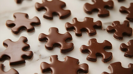 Delicious chocolate puzzle pieces arranged on a marbled surface representing problem solving