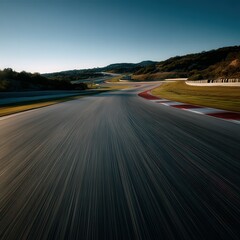 Naklejka premium Racing track curves through hilly landscape at sunset