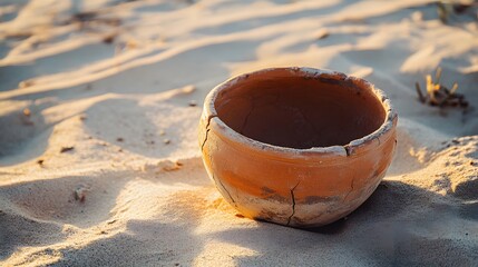 Ancient terracotta bowl rests in sun-drenched sand.  Cracked and weathered, a relic of time