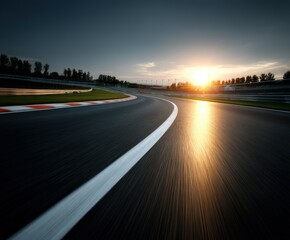 Racing track curves with sunset in the background near the horizon