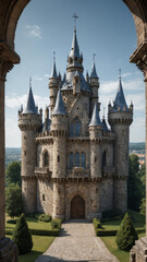Fototapeta premium Medieval Castle with Futuristic Glass Towers Surreal Landscape Ancient Stone Fortress Blended with Modern Transparent Skyscrapers Fantasy Hybrid Architecture Unique Structure Combining Historic Castle