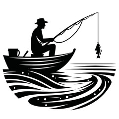 Black silhouette of angler fishing on white background logotype