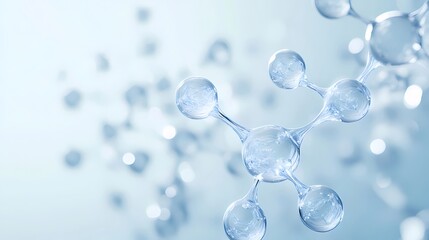 青い背景に浮かぶ分子構造の3Dレンダリング 水滴のような球体と透明なデザイン 健康と科学の概念