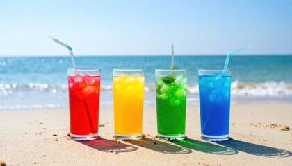 Refreshing summer drinks on a sunny beach with waves lapping at the shore