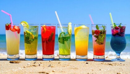 Colorful drinks lined up on a sandy beach with ocean backdrop during a sunny day