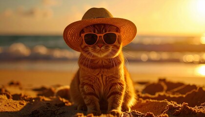 Cat enjoying a sunny beach day wearing sunglasses and a straw hat at sunset by the ocean
