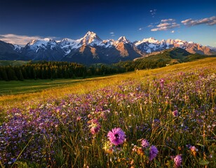 Fototapeta premium wildflower-covered meadow with distant snow-capped 